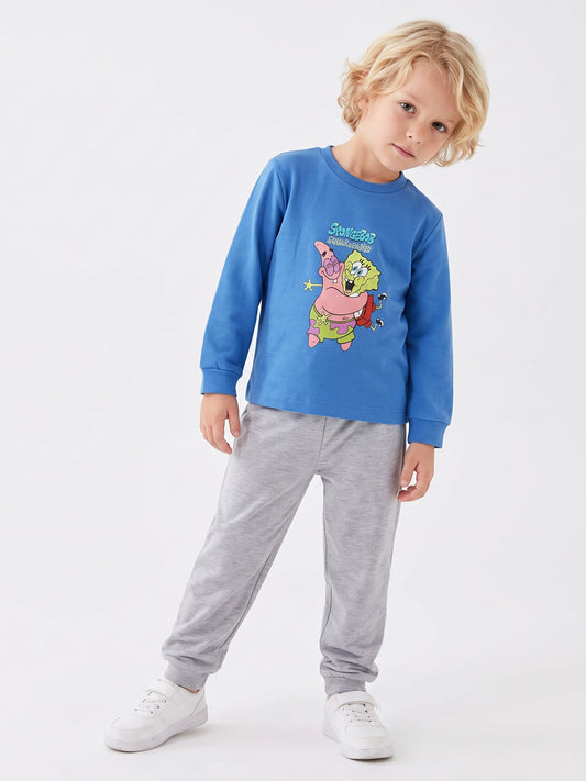 Saks Mavisi (3-8 Yaş) Karakter Baskılı İnterlok Kumaş Erkek Çocuk Pijama Takım 491042